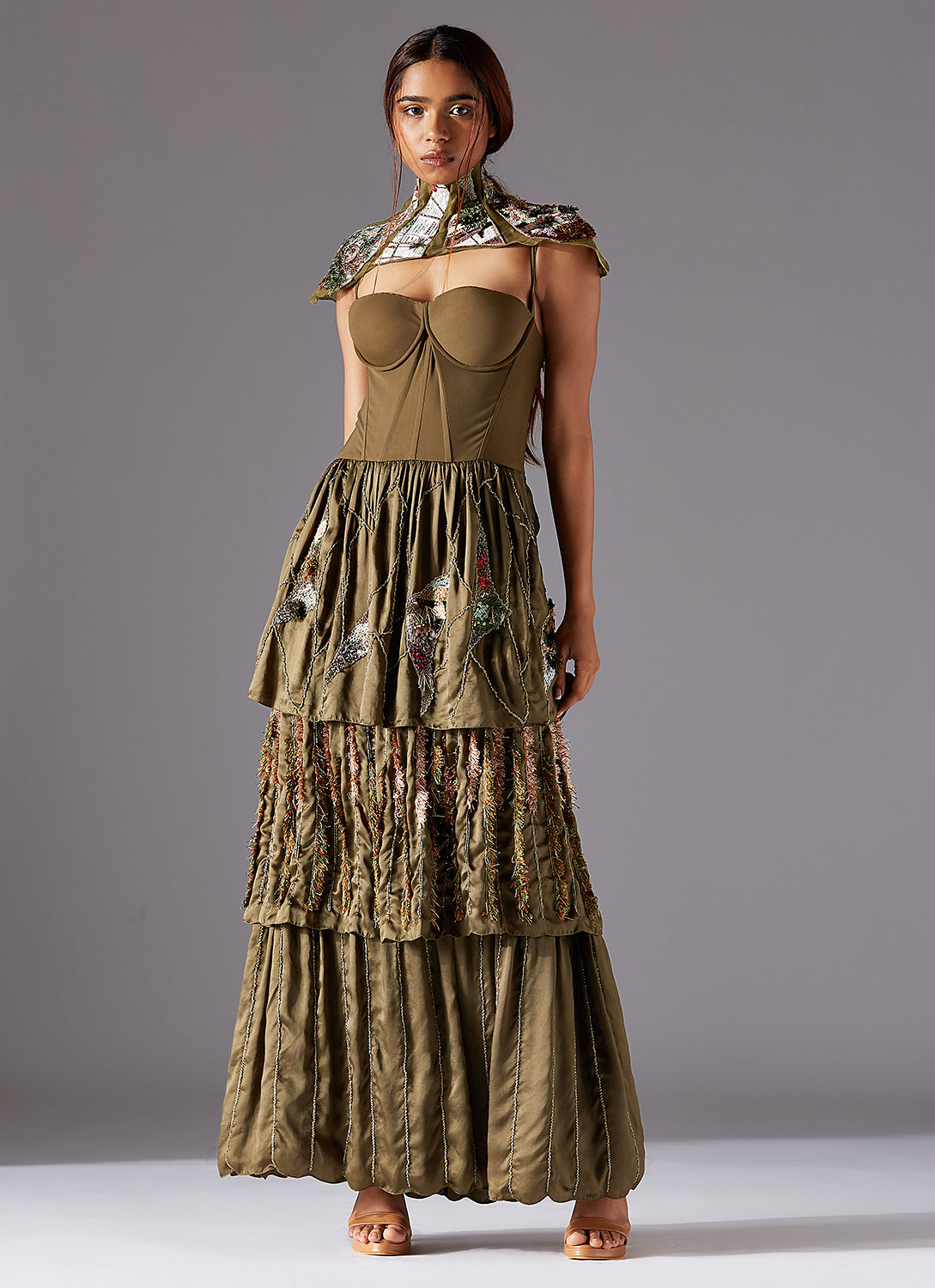 Topiary Corset Gown with Puzzle Shoulder Sash