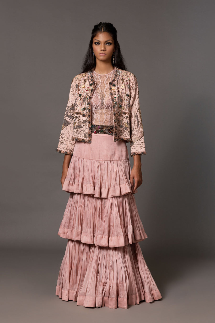 Sang-E-Sitara Pink Jacket, Lace Leotard And Chand Baori Skirt Set