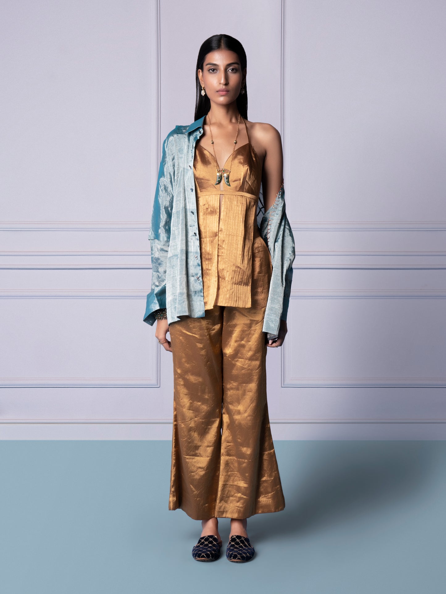 Gold Chanderi Bralette With Gold Chanderi Trousers And Blue Chanderi Shirt.