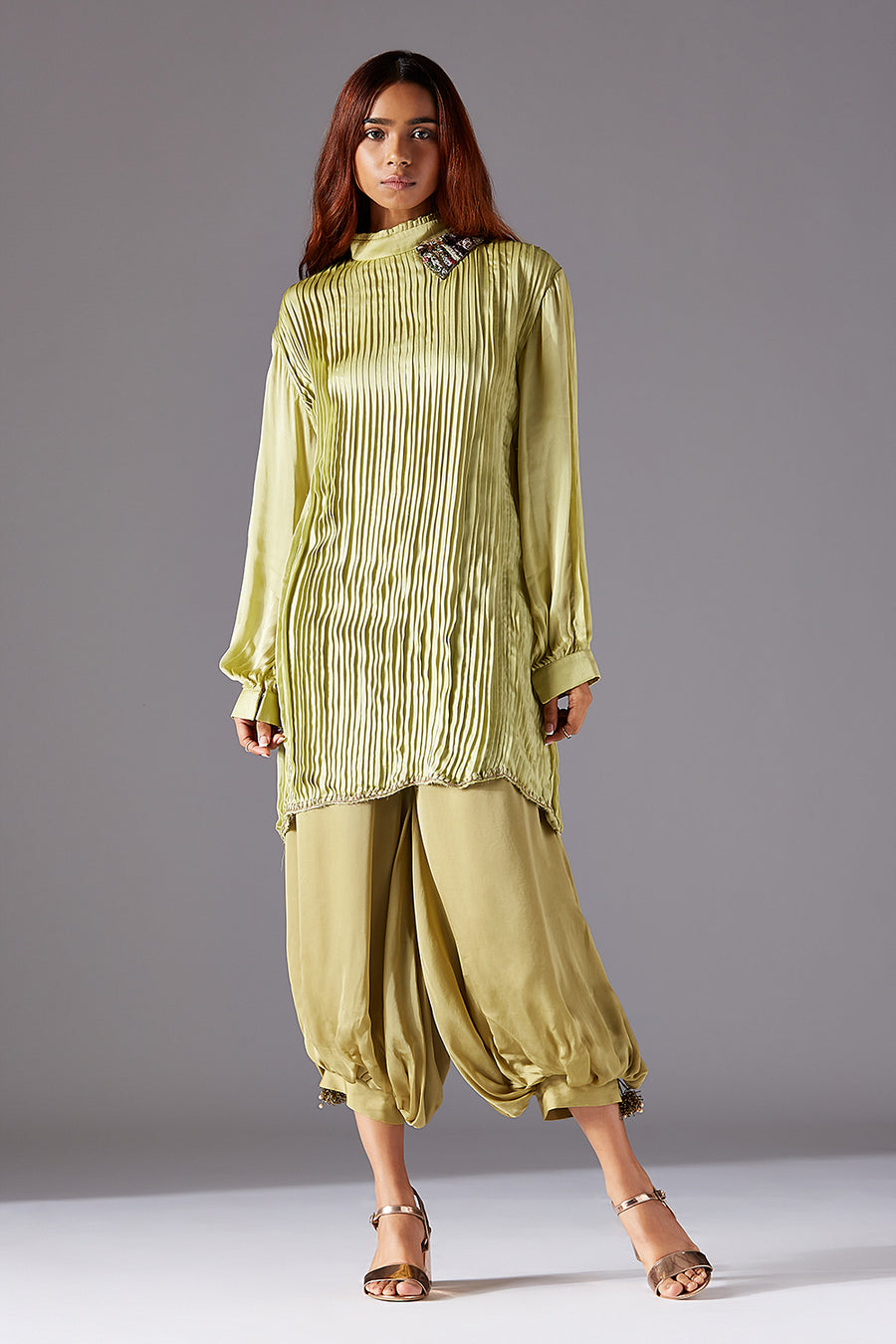 Furrow Trunk Top with Embroidered Collar & Balloon Crop Pants - Designer Women's Outfit