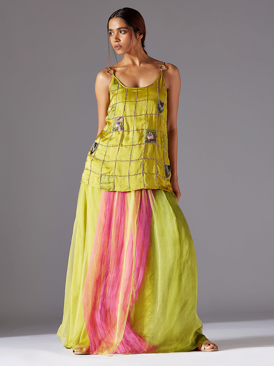 Machair Spaghetti Top With Colorblocked Organza Skirt