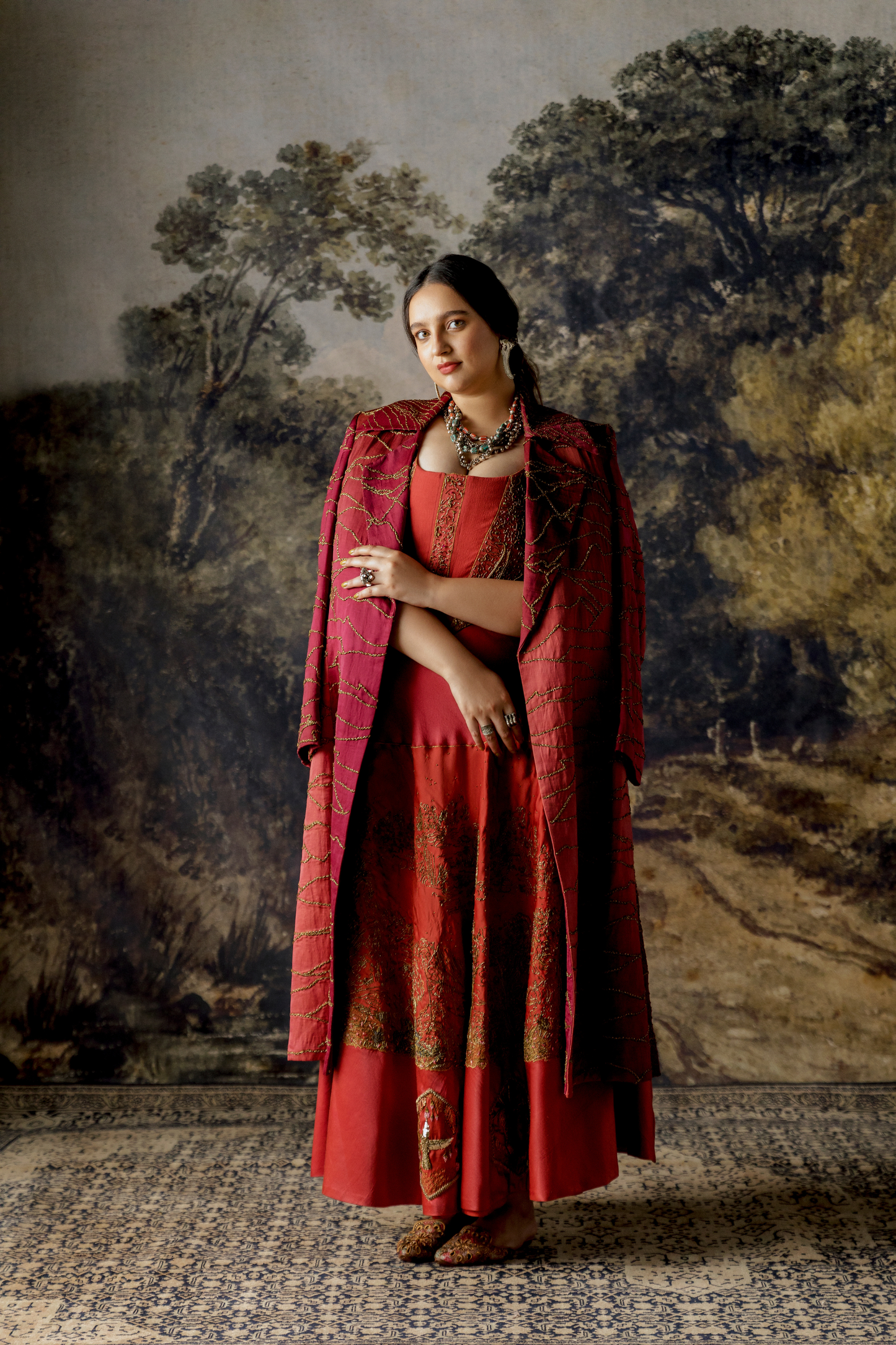 Namib Topographic Sherwani Coat with Valdivian Landscape Lehenga and Corset Blouse