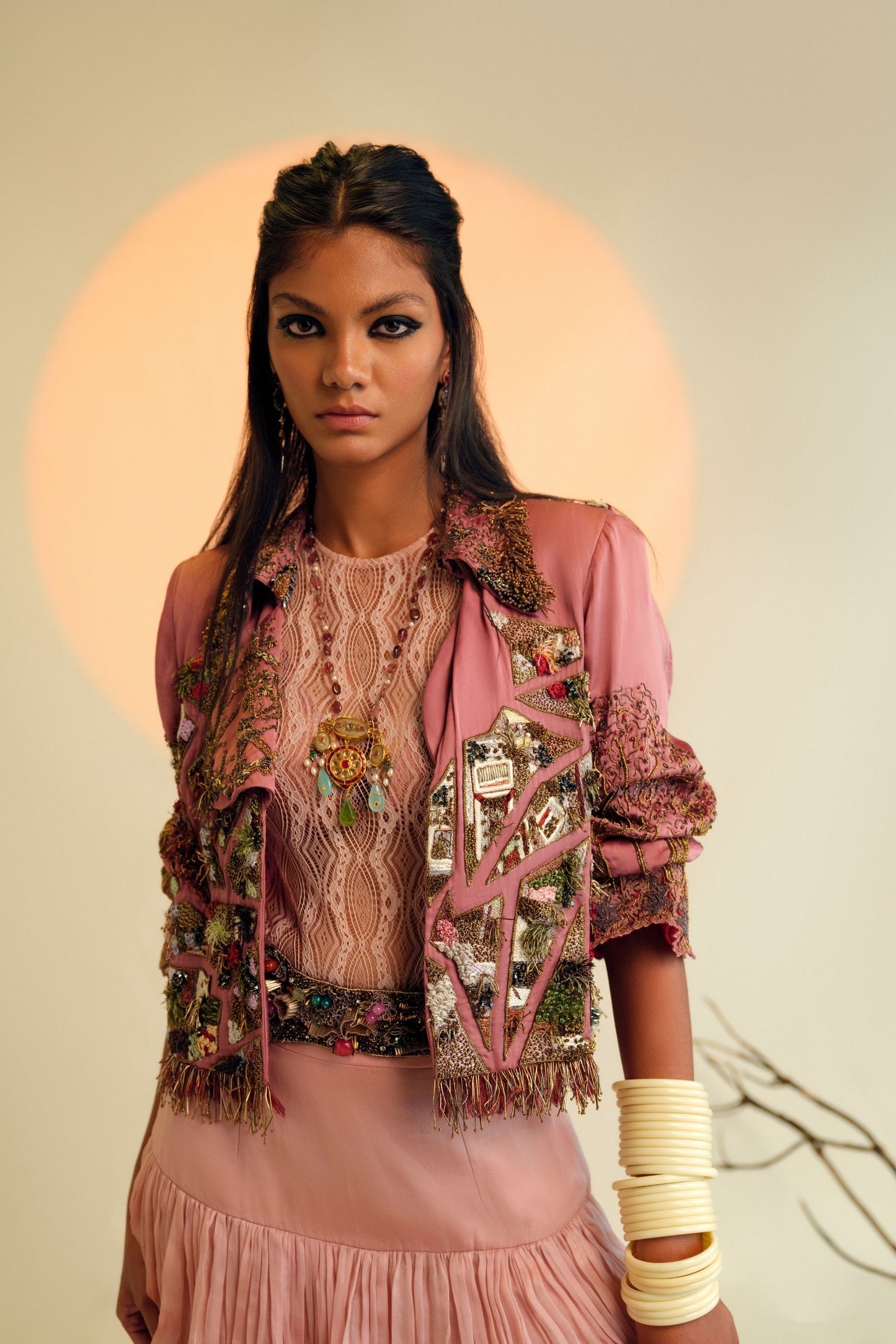 Dusty Pink Earth Jacket ,Lace Leotard and Chand Baori Skirt Set