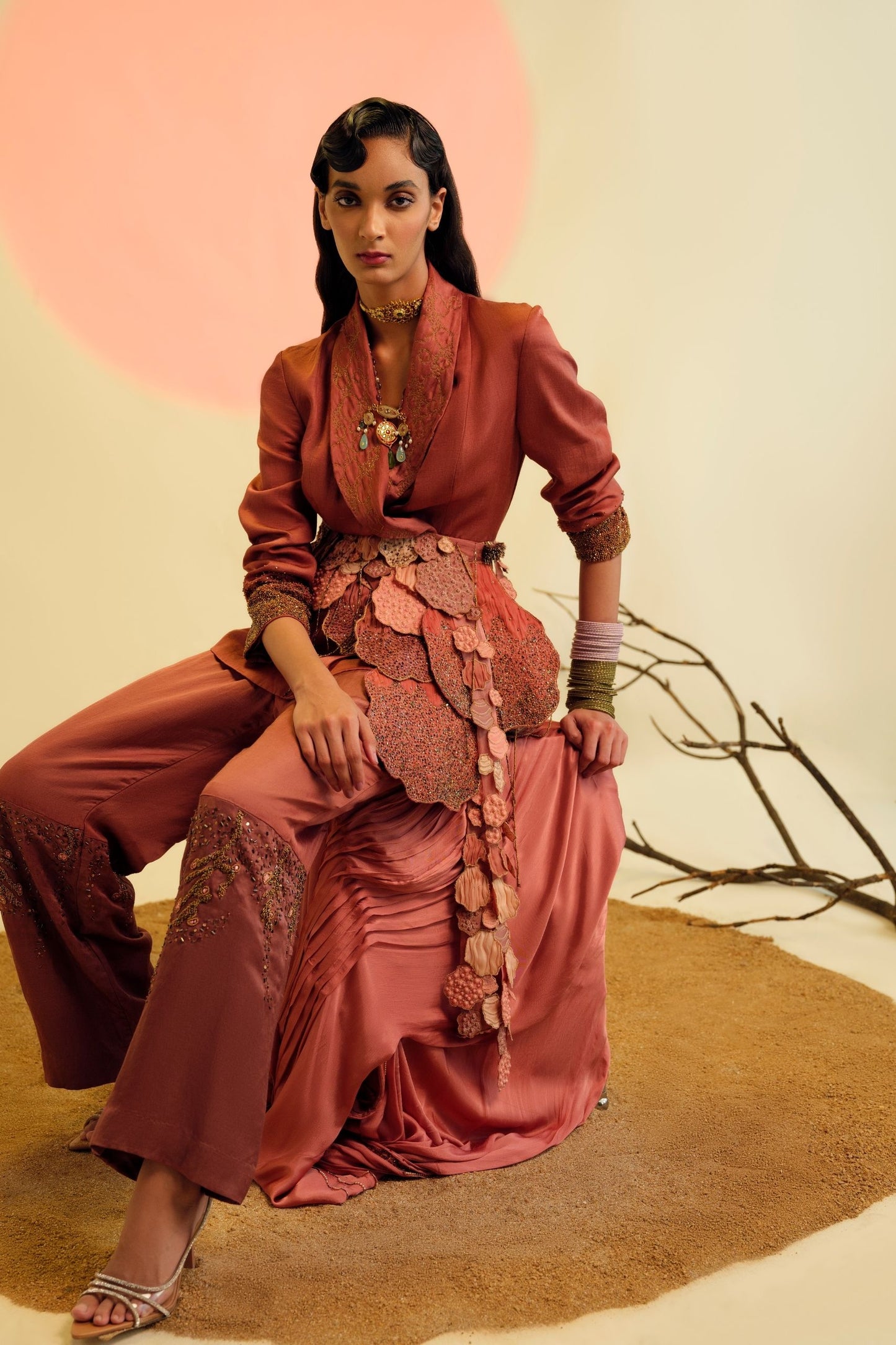 Desert Rose Terracotta Jacket And Beaded Trousers Set