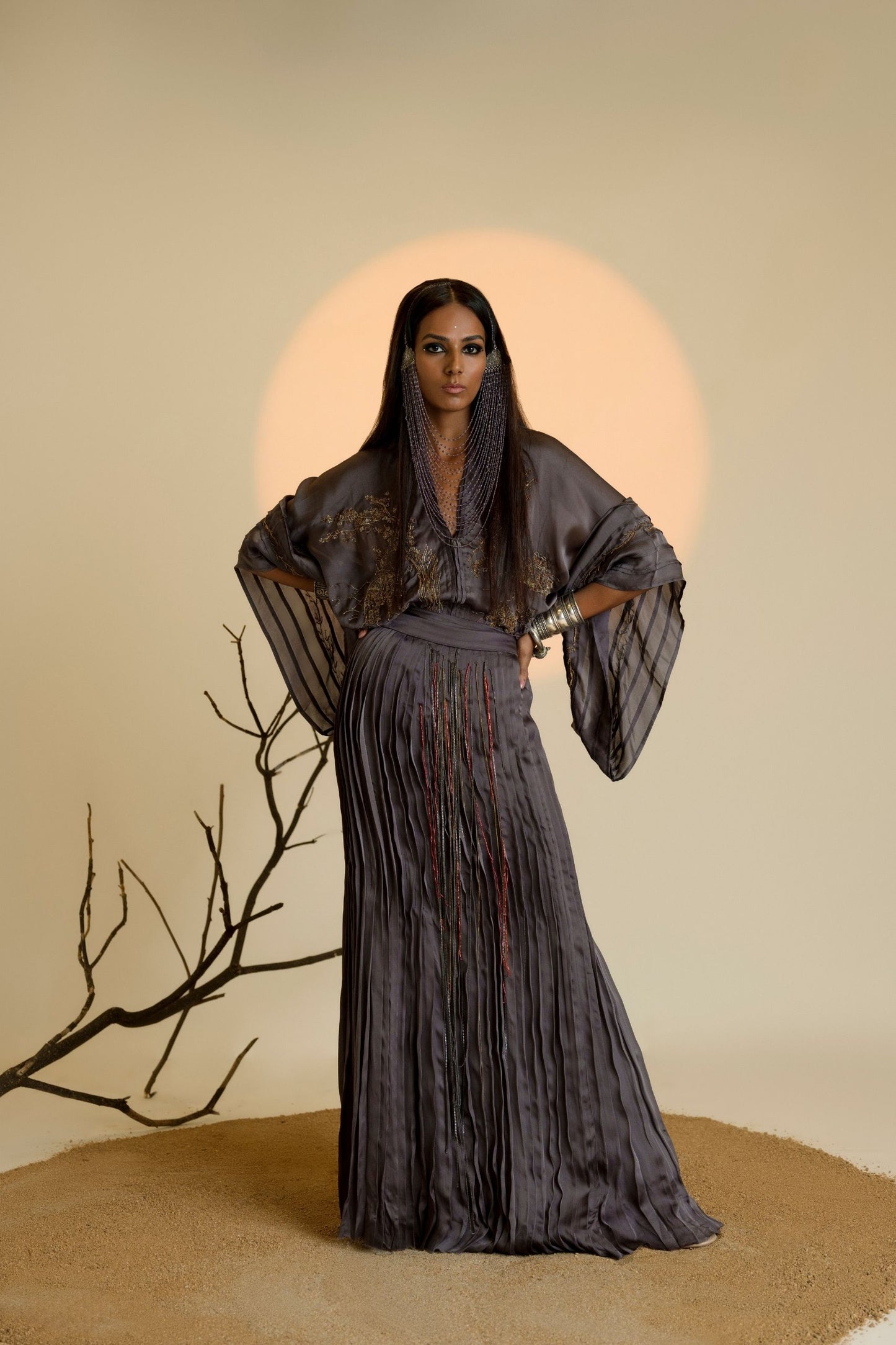 Shikhar Baugh Charcoal Kimono Top & Gucha Pleated Skirt Set