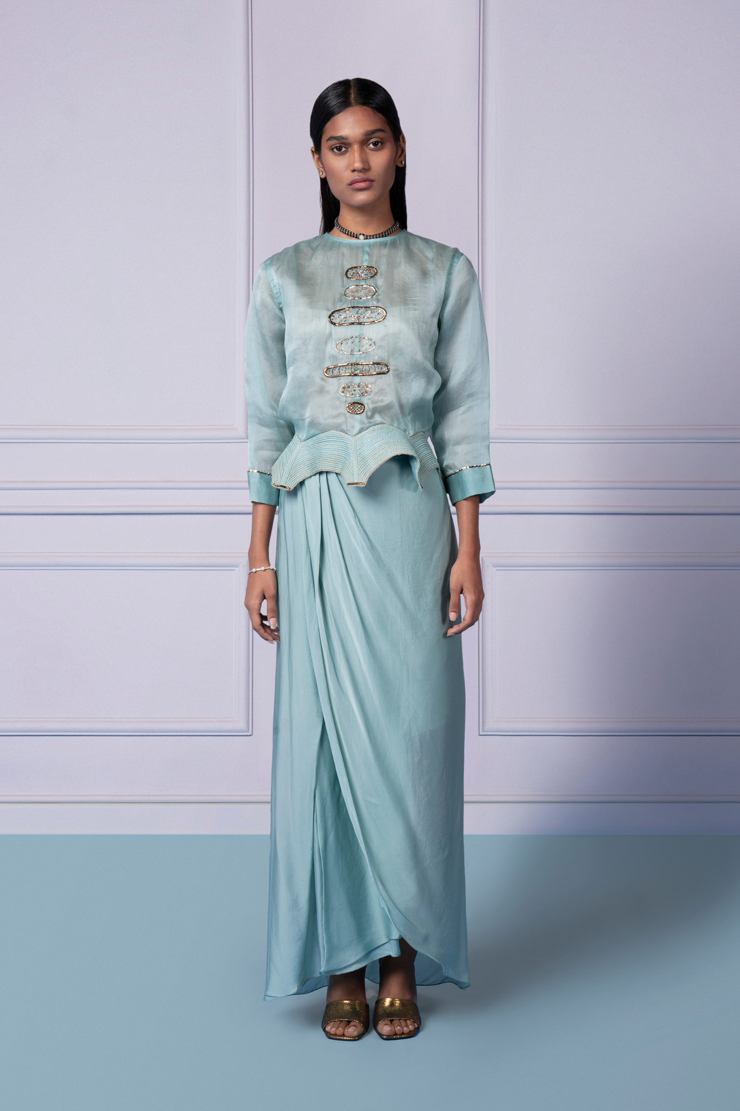 Megh Set featuring metallic embroidered blouse and draped satin skirt, a modern and stylish ensemble for women