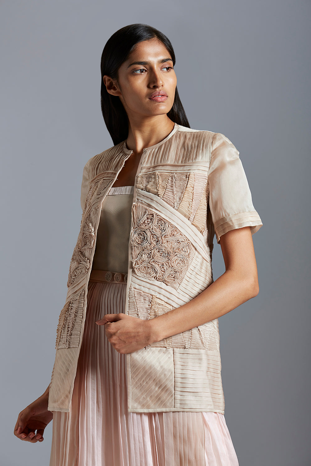 Box Sheer Jacket With Manipulated Fabric Work With Pleated Tube Dress