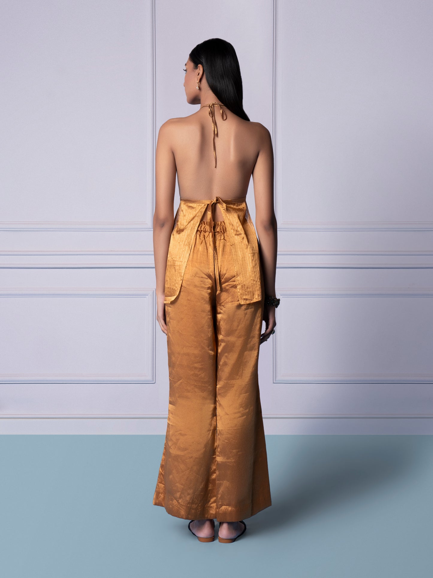 Gold Chanderi Bralette With Gold Chanderi Trousers.