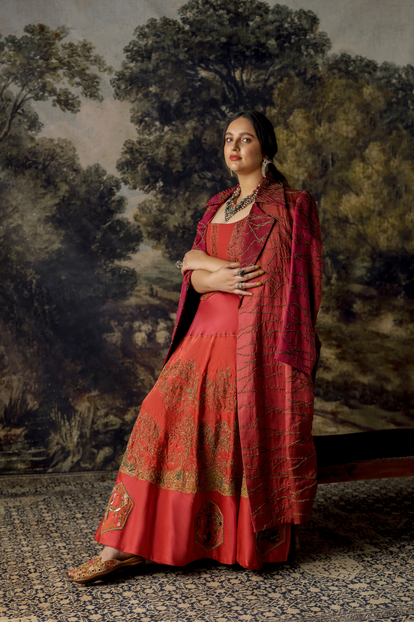 Namib Topographic Sherwani Coat with Valdivian Landscape Lehenga and Corset Blouse