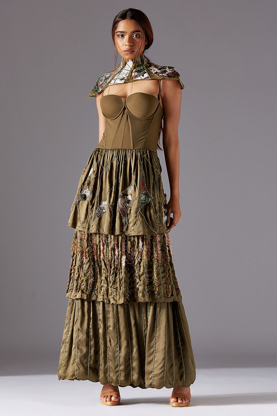 Topiary Corset Gown with Puzzle Shoulder Sash