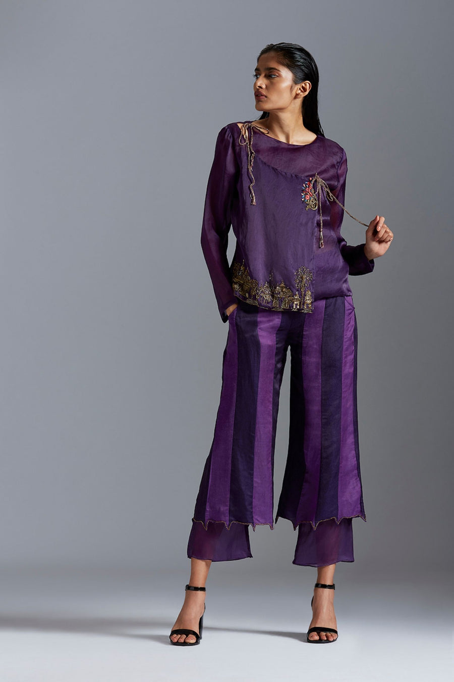 Pant and top set for women featuring satin organza Angarakha coat with metallic embroidery and color-block layered pants