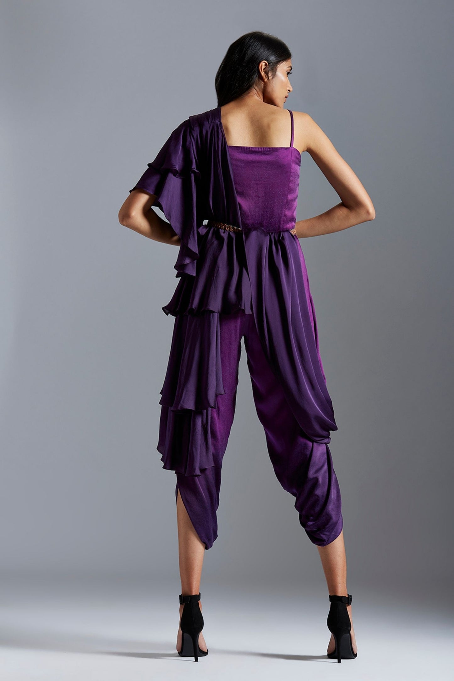 Purple Ombre Jumpsuit With Stole And Lotus Belt