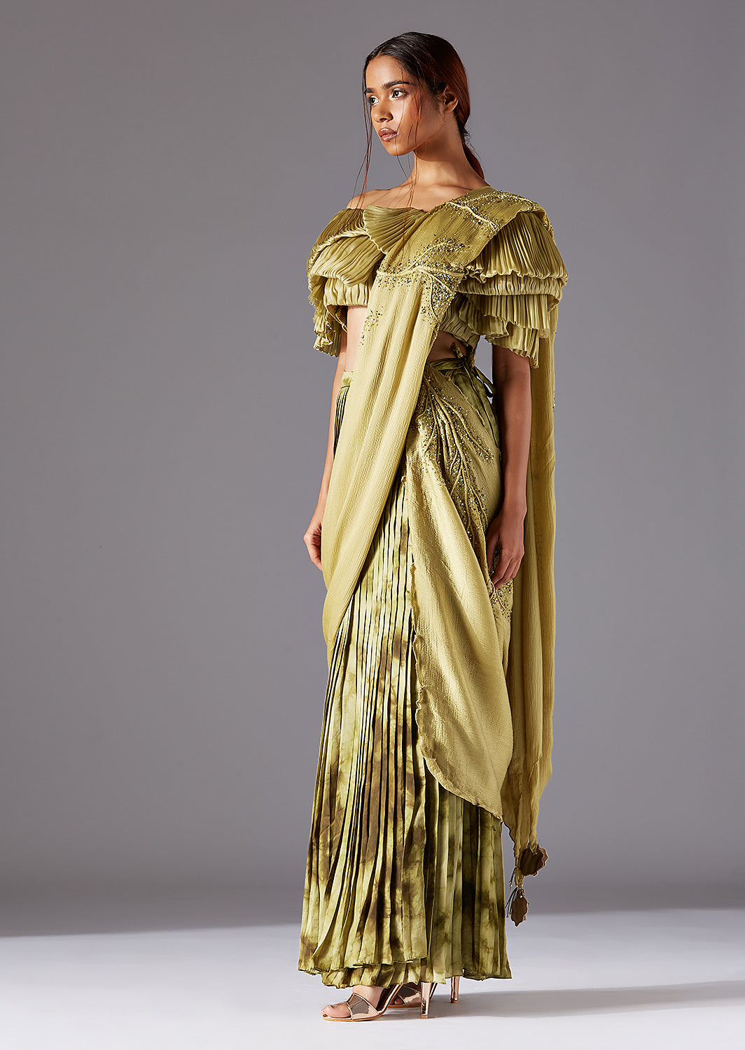 Gill Fungi Blouse With Marsh-Scapes Pleated Skirt and Living Stole- Dupatta