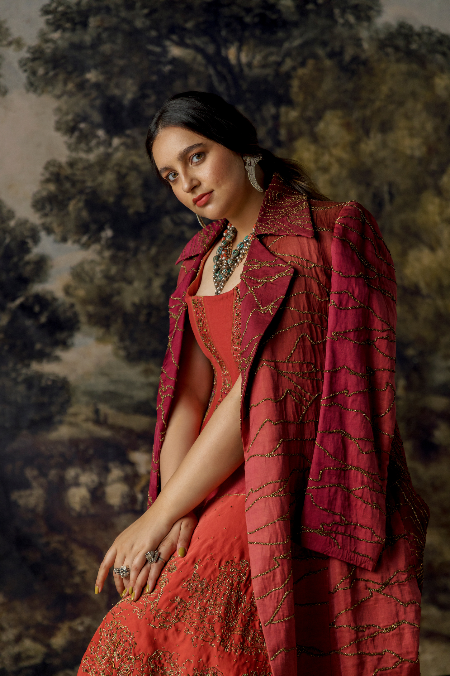 Namib Topographic Sherwani Coat with Valdivian Landscape Lehenga and Corset Blouse