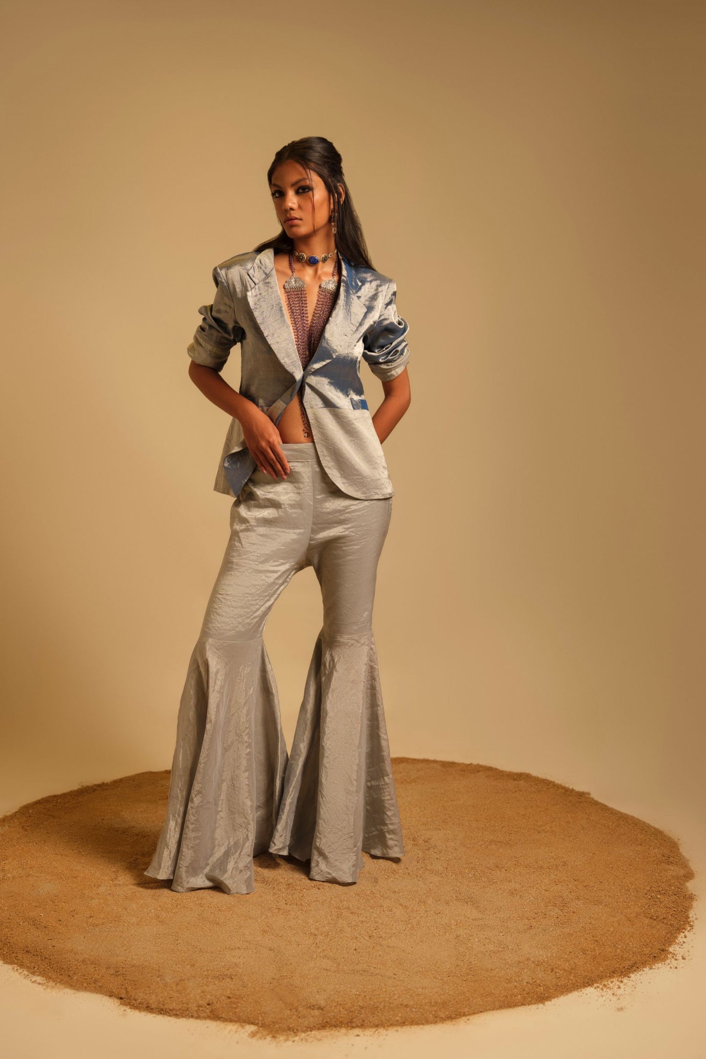 Full View of Stylish Pichola Blue Chanderi Blazer & Flared Trousers Set for Women