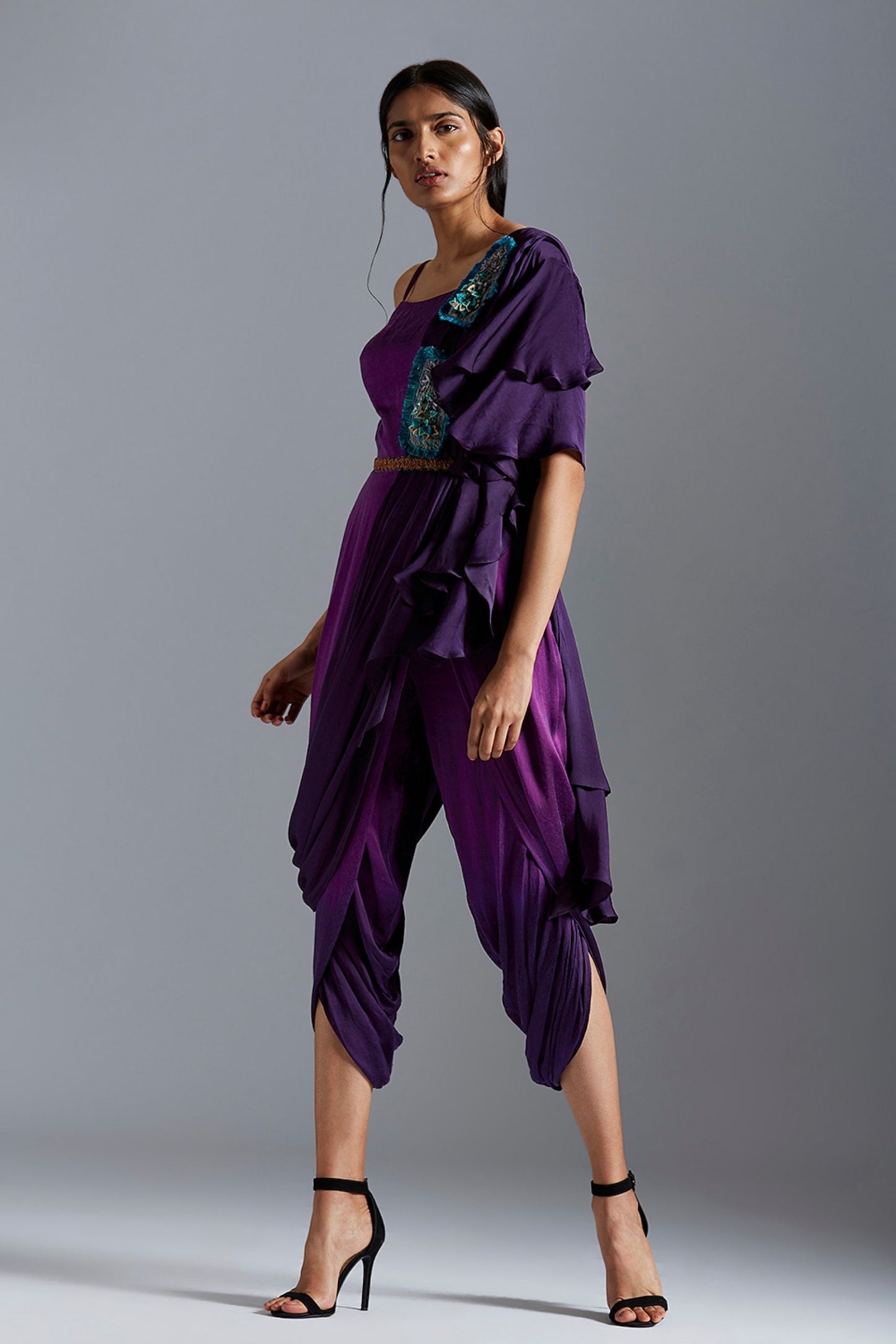 Purple Ombre Jumpsuit With Stole And Lotus Belt