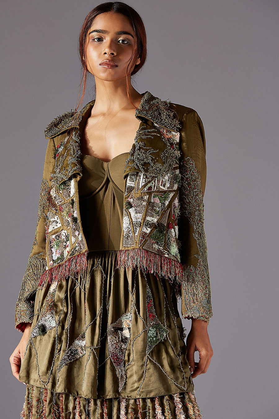 Earth Embroidered Jacket for Women with Jacobean Patches, Metallic Accents, and Fringed Hemline - Stylish Custom Design