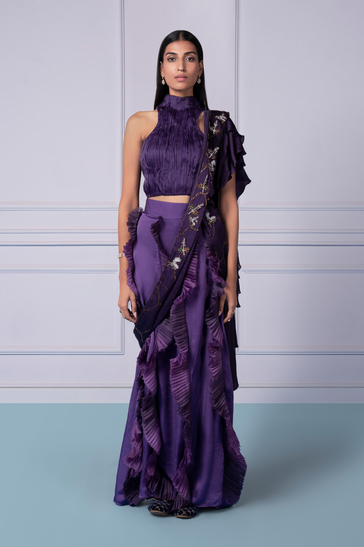 Ruching crop top with Finn skirt and embroidered stole for women, a stunning long skirt and top set for parties