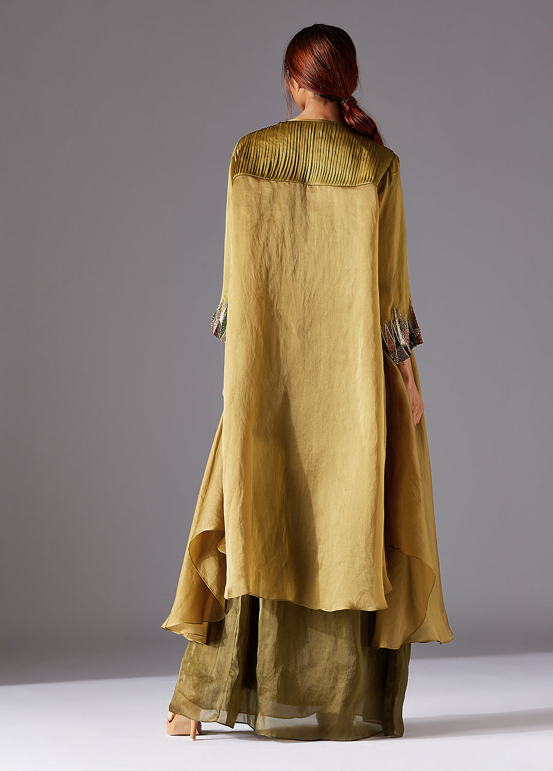 Hamada Cape with Forestland 3-tiered Dress and Metallic belt