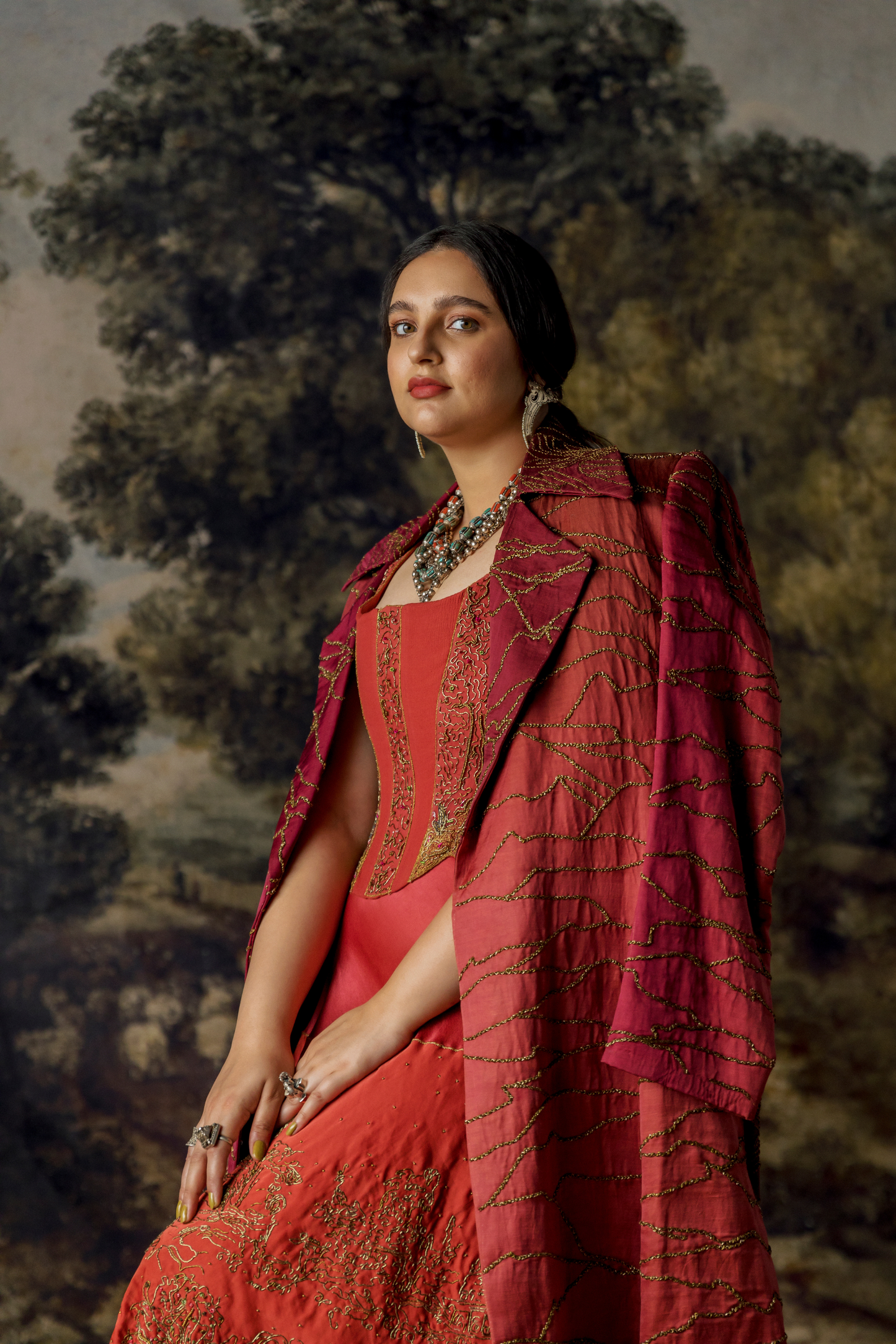 Namib Topographic Sherwani Coat with Valdivian Landscape Lehenga and Corset Blouse