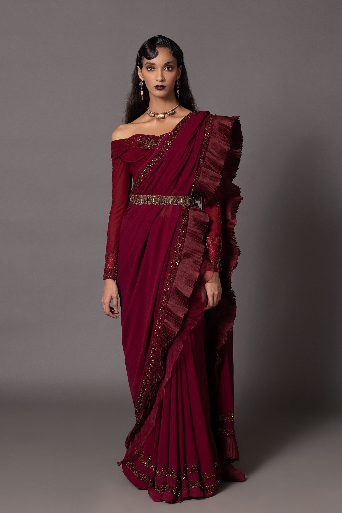 Garnet Maroon Sequin Sari Blouse