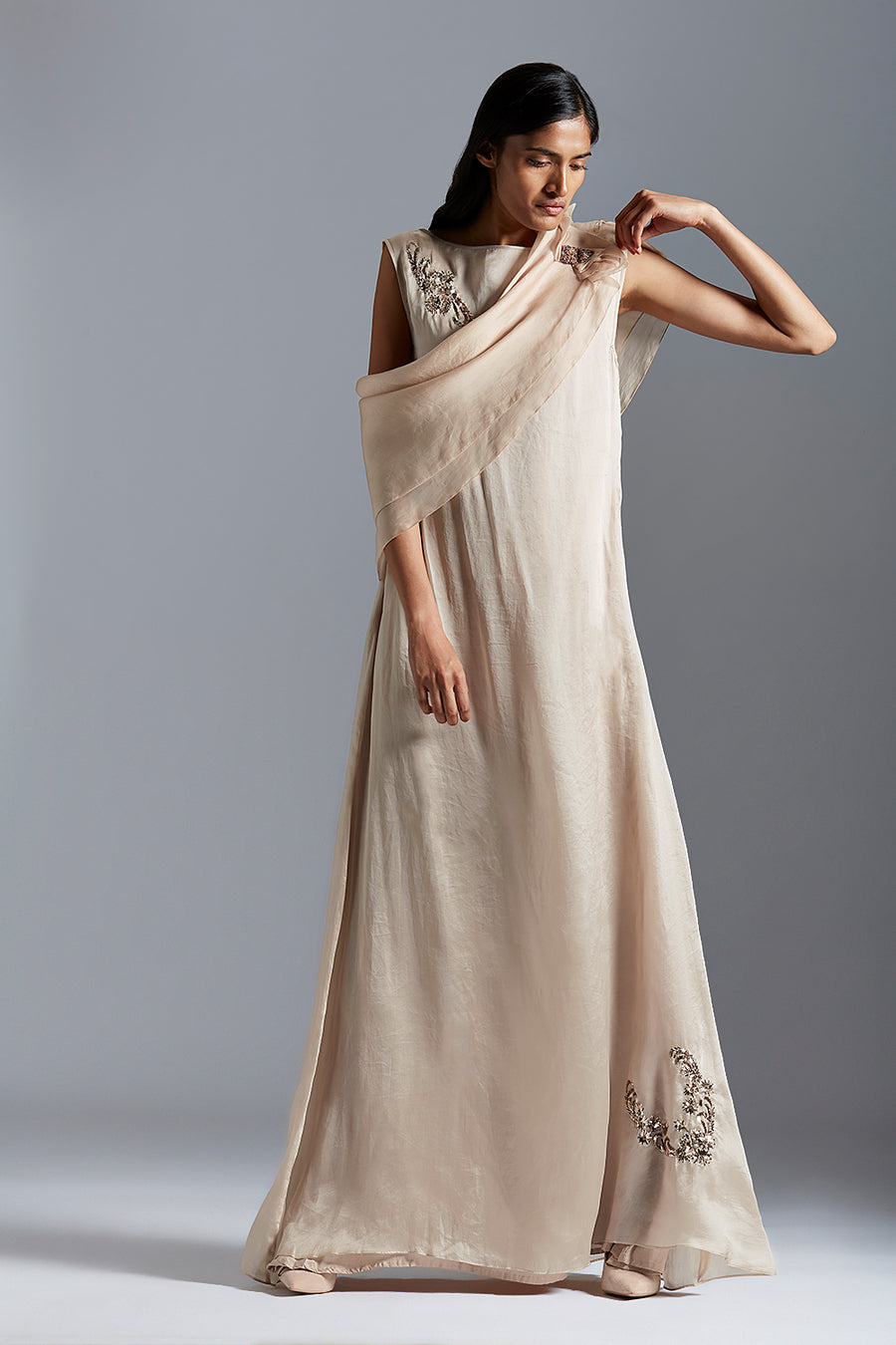 A - Line Dress With Mukaish Motif And Mademe Cape