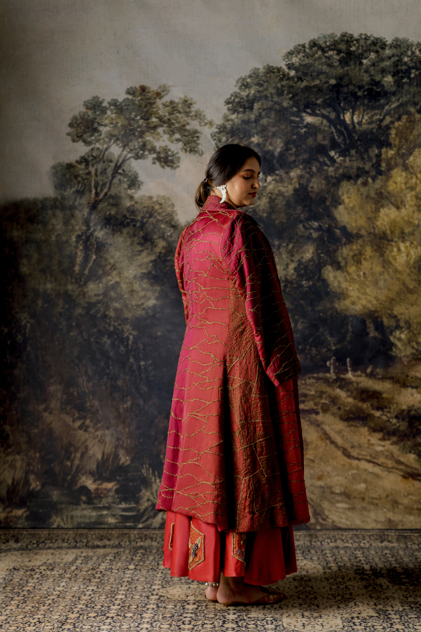 Namib Topographic Sherwani Coat with Valdivian Landscape Lehenga and Corset Blouse