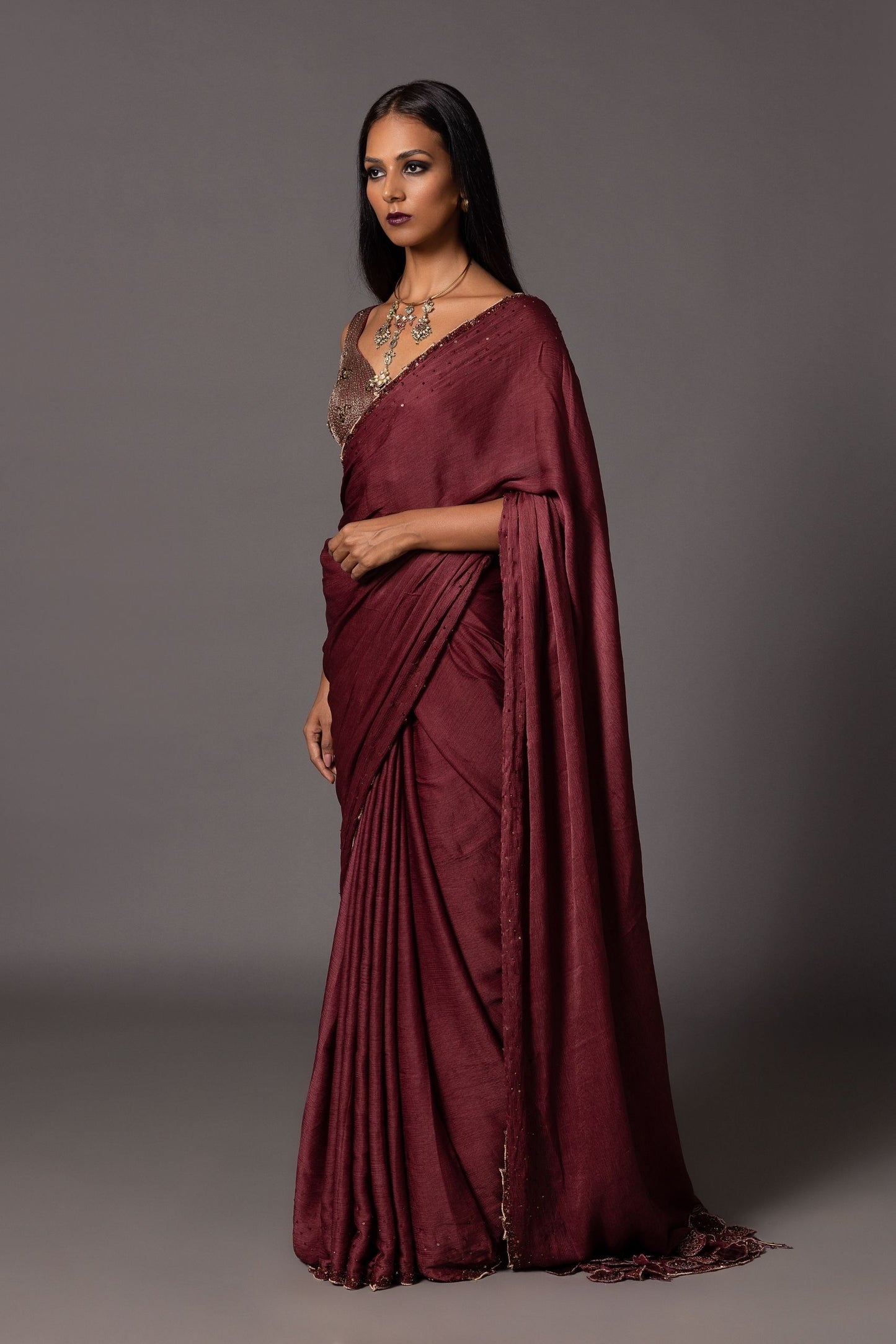 Namib Maroon Sequin Sari