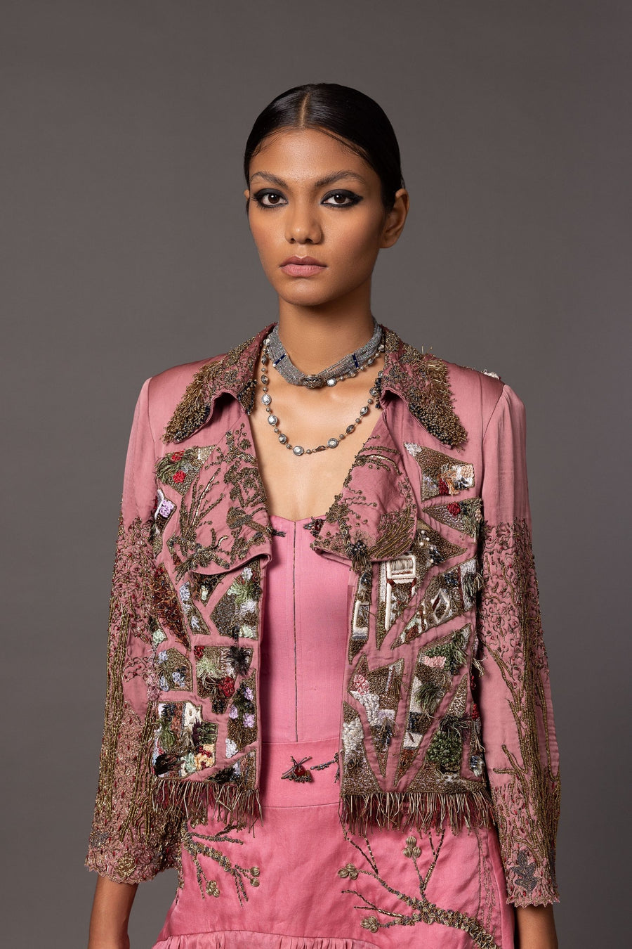 Dusty Pink Embroidered Jacket for Women - Satin Organza with Fringes, Jacobean Patches, and 3D Metallic Embroidery