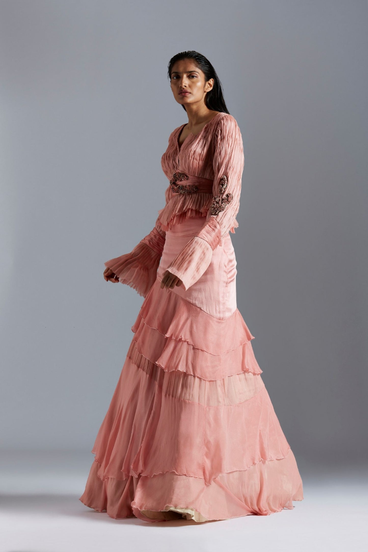 Rouched Top With Peplum And Victorian Sleeves  with Branlike fluid skirt