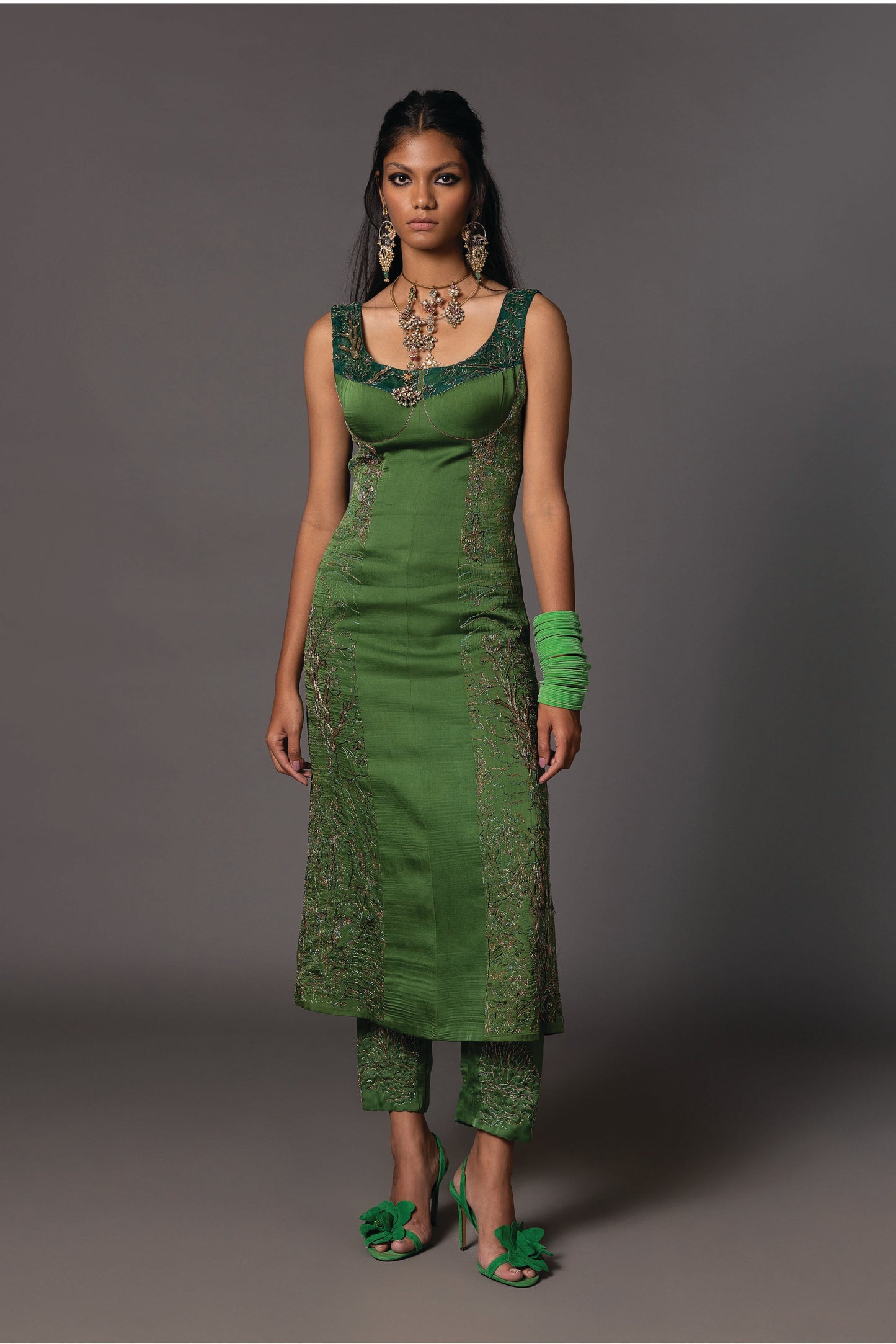 Jaipur Bagh Emerald Green Long Dress And Trousers Set