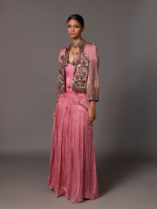 Kaner Pink Corset And Skirt Set With Earth Jacket