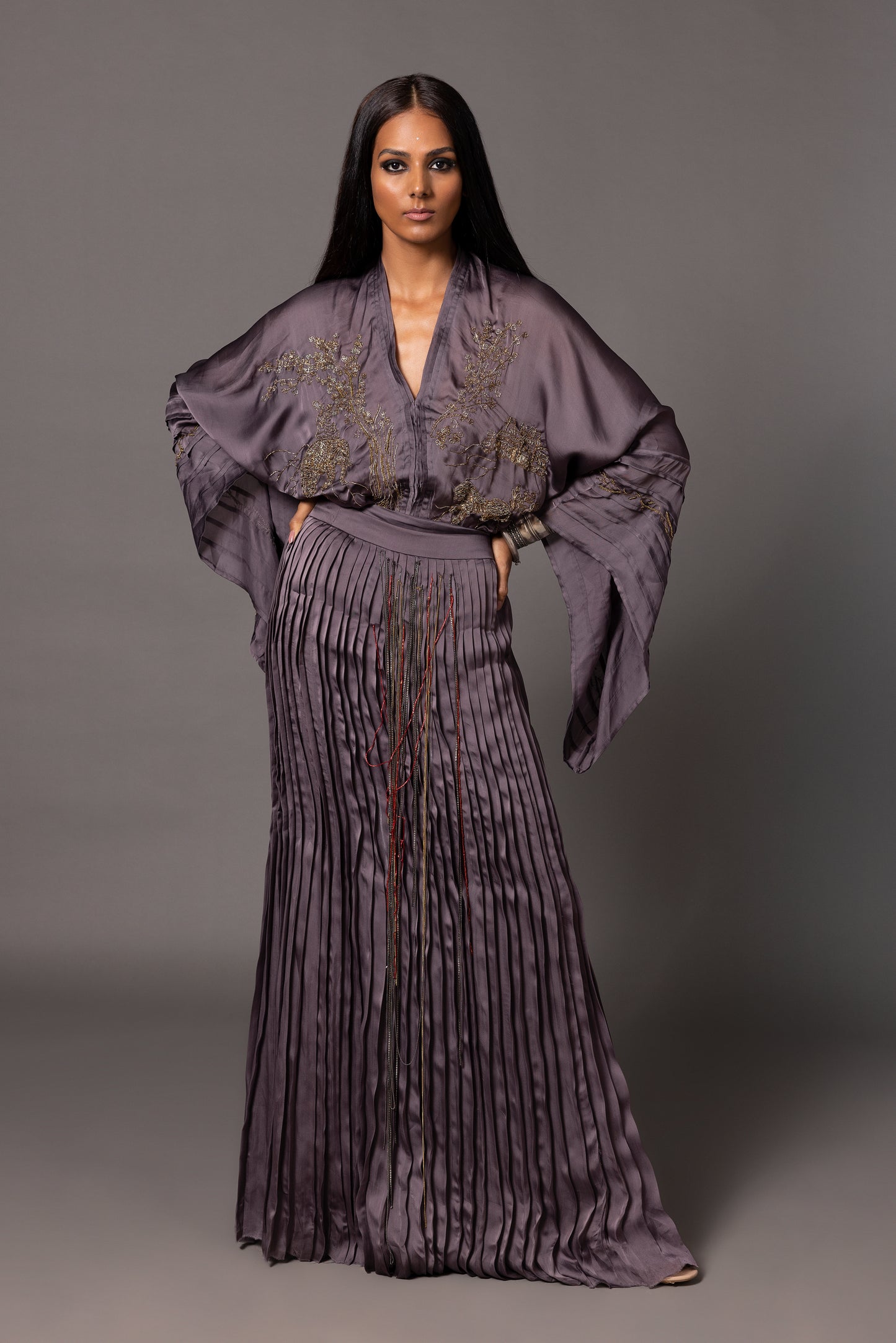 Shikhar Baugh Charcoal Kimono And Gucha Pleated Skirt Set