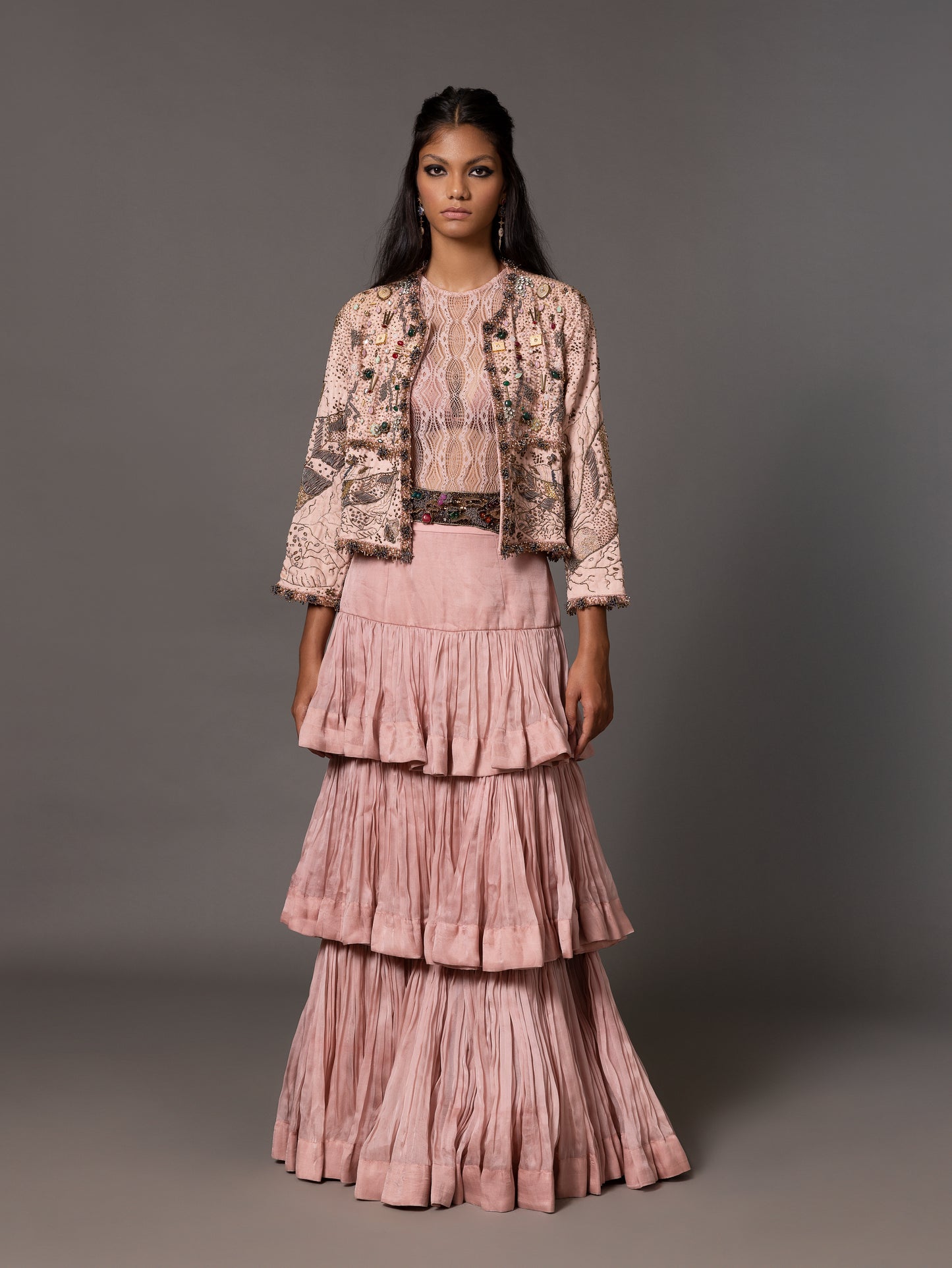 Sang-E-Sitara Pink Jacket, Lace Leotard And Chand Baori Skirt Set