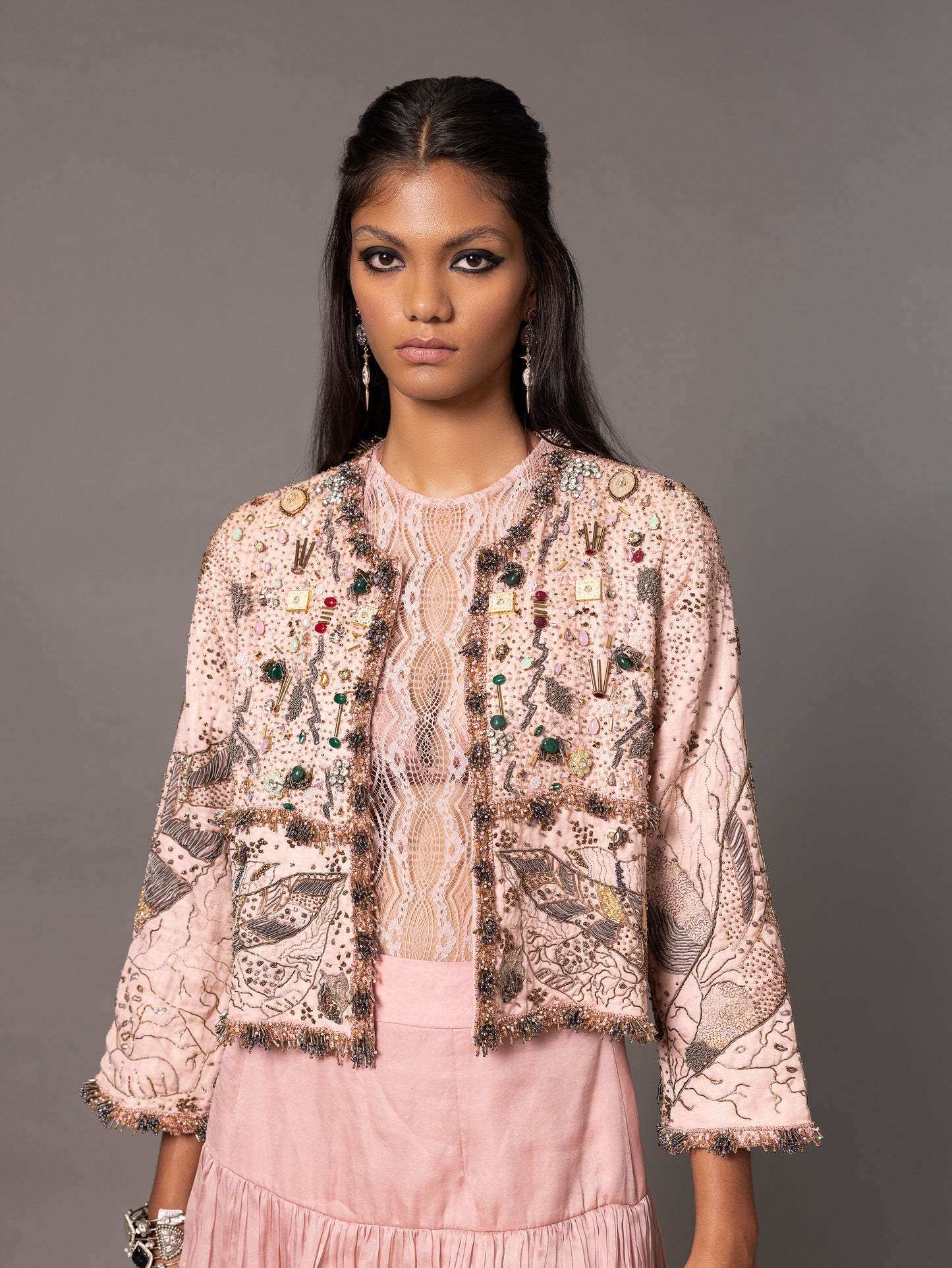 Sang-E-Sitara Pink Jacket, Lace Leotard And Chand Baori Skirt Set