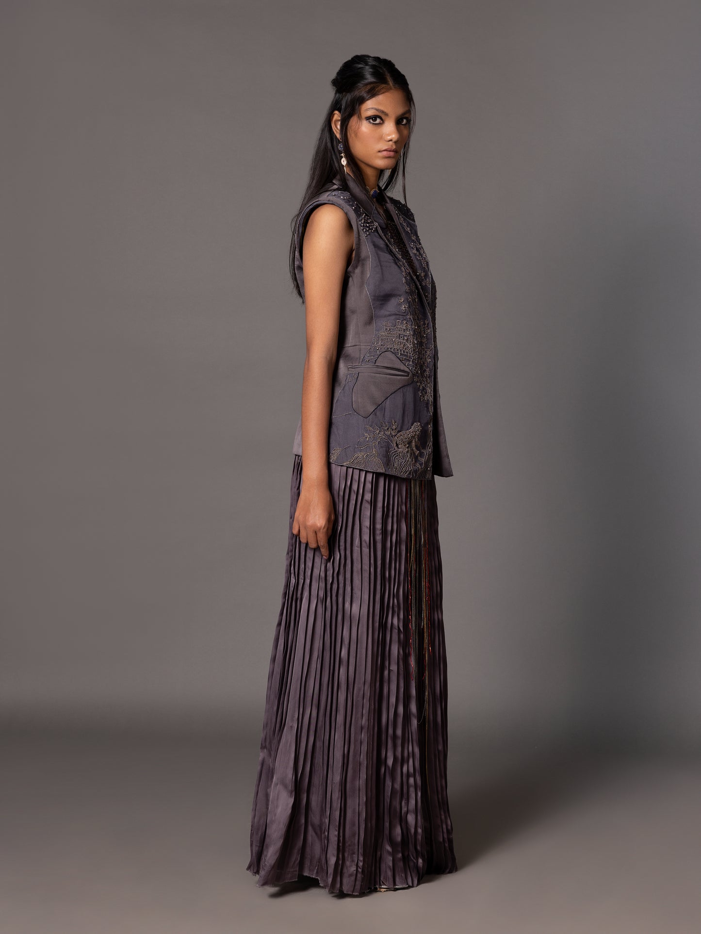 Shikhar Baugh Charcoal Jacket And Gucha Pleated Skirt Set