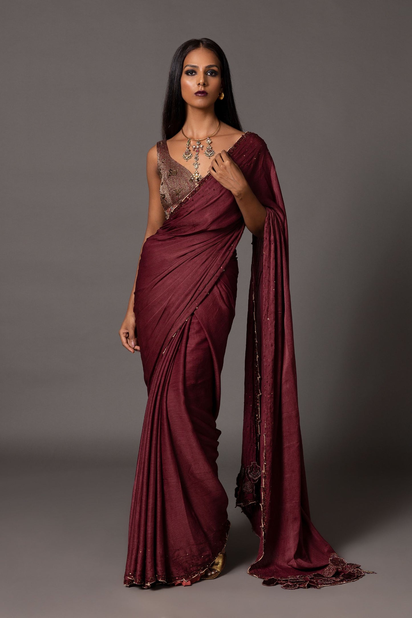 Namib Maroon Sequin Sari